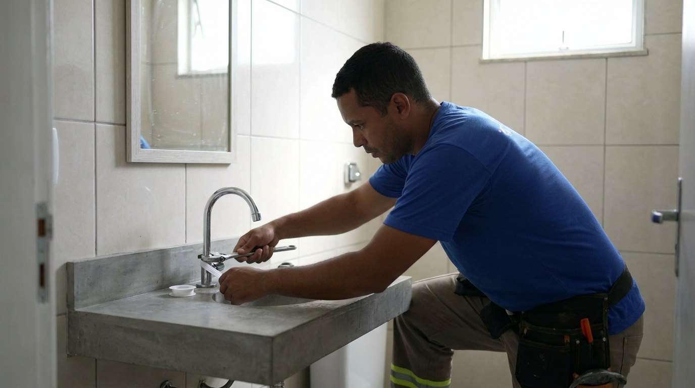 Encanador instalando torneira em Cotia‑SP