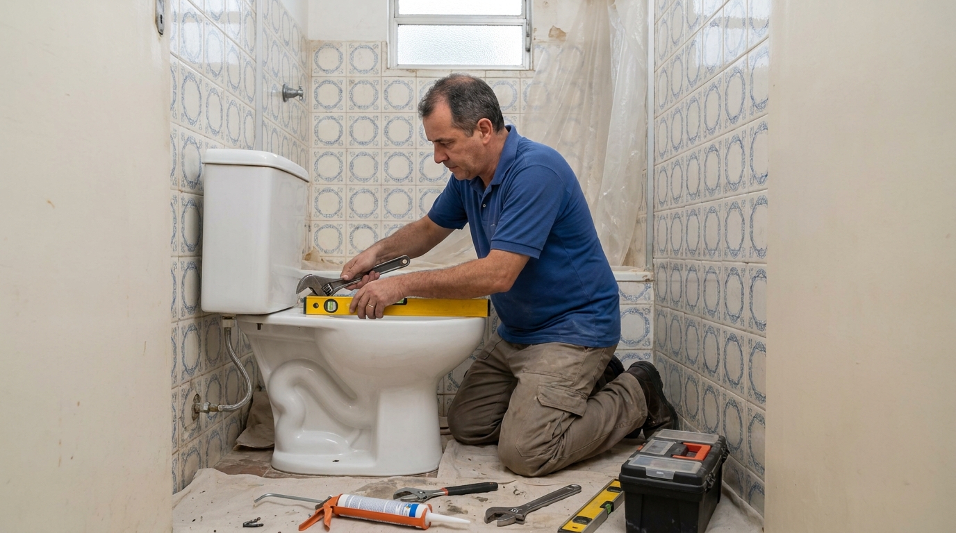 Técnico instalando vaso sanitário em Cotia‑SP